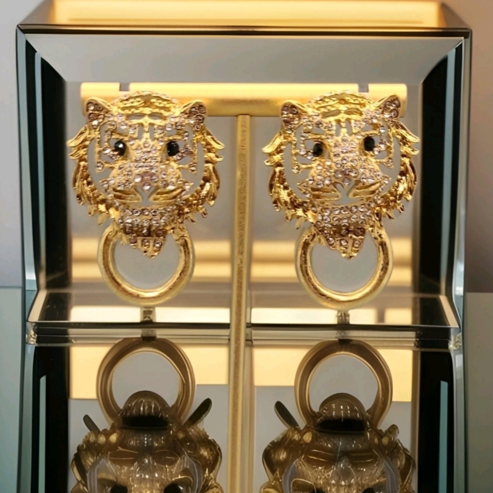 Vintage Estate Crystal Encrusted Lion Classic Doorknocker Gold Earrings